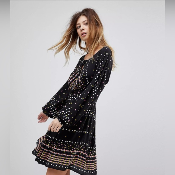 Free People S Black Multi Color Polka Dot Bishop Sleeve Open Back Mini Dress - Picture 3 of 10